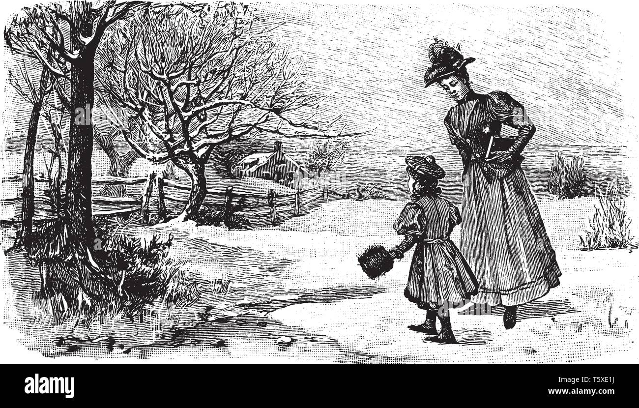 Une femme et fille qui marche vers l'arbre, vintage dessin ou gravure illustration Illustration de Vecteur