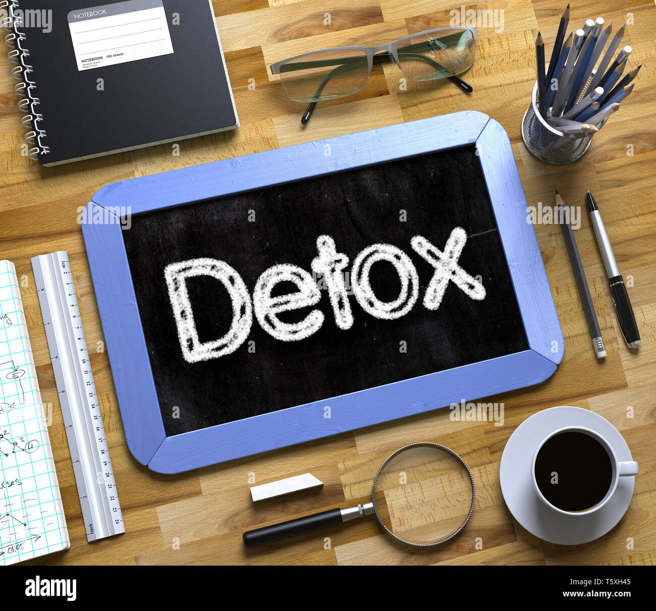 Detox - Texte sur petit tableau.bleu petit tableau, avec concept d'affaires - Detox - sur Office 24 et d'autres fournitures de bureau. À Banque D'Images