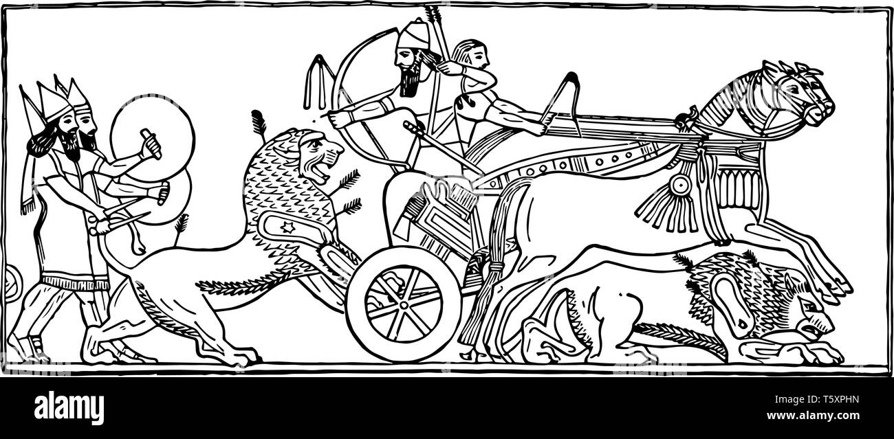 Dans ce photo certains hommes se déplacent sur le panier qui a tiré par chevaux et un homme lion tir à l'arc et flèche avec dessin de ligne vintage ou fra Illustration de Vecteur