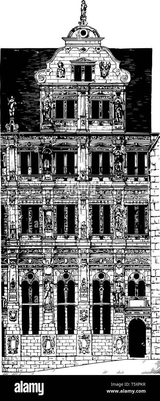 Façade de l'immeuble de Henry les sages dans Château d'Heidelberg 1601 à 1607 un célèbre ruine en Allemagne Vue d'Heidelberg gare intermédiaire la il Illustration de Vecteur