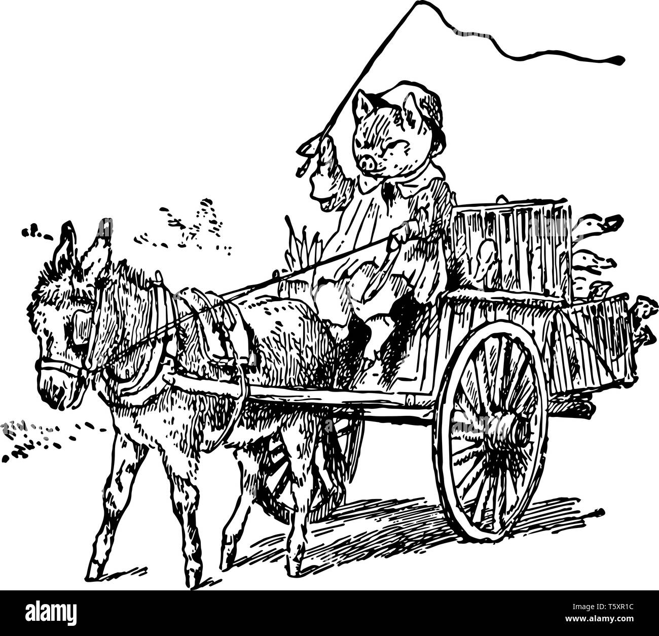 Location de voiture cochon tirer par âne, cette scène montre un cochon la conduite d'un chariot tiré par un âne, vintage dessin ou gravure illustration Illustration de Vecteur