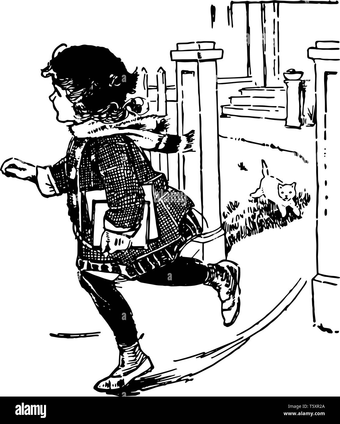 L'exécution de l'enfant par la porte la tenue de livres, enfant, femme, porte, kid, run, l'école, le dessin des lignes vintage ou gravure illustration. Illustration de Vecteur