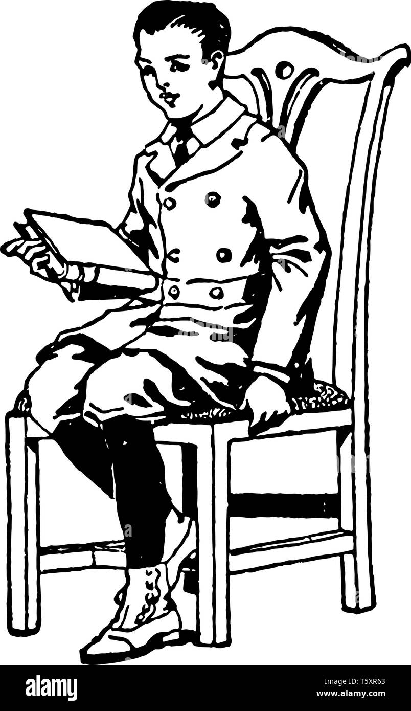 Garçon assis dans un fauteuil avec livre à la main, l'enfant, kid, look, homme, lire, s'asseoir, vintage dessin ou gravure illustration. Illustration de Vecteur