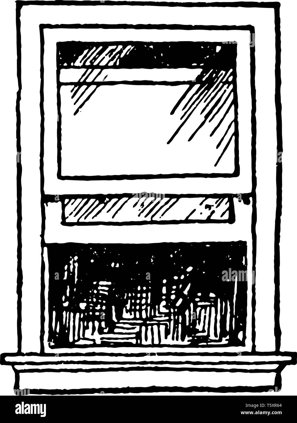 Ouvrir la fenêtre à guillotine à guillotine simple qui est déplacer ou d'inclinaison en bas est exploitable et séparés des autres volets, vintage dessin ou gravure illustratio Illustration de Vecteur