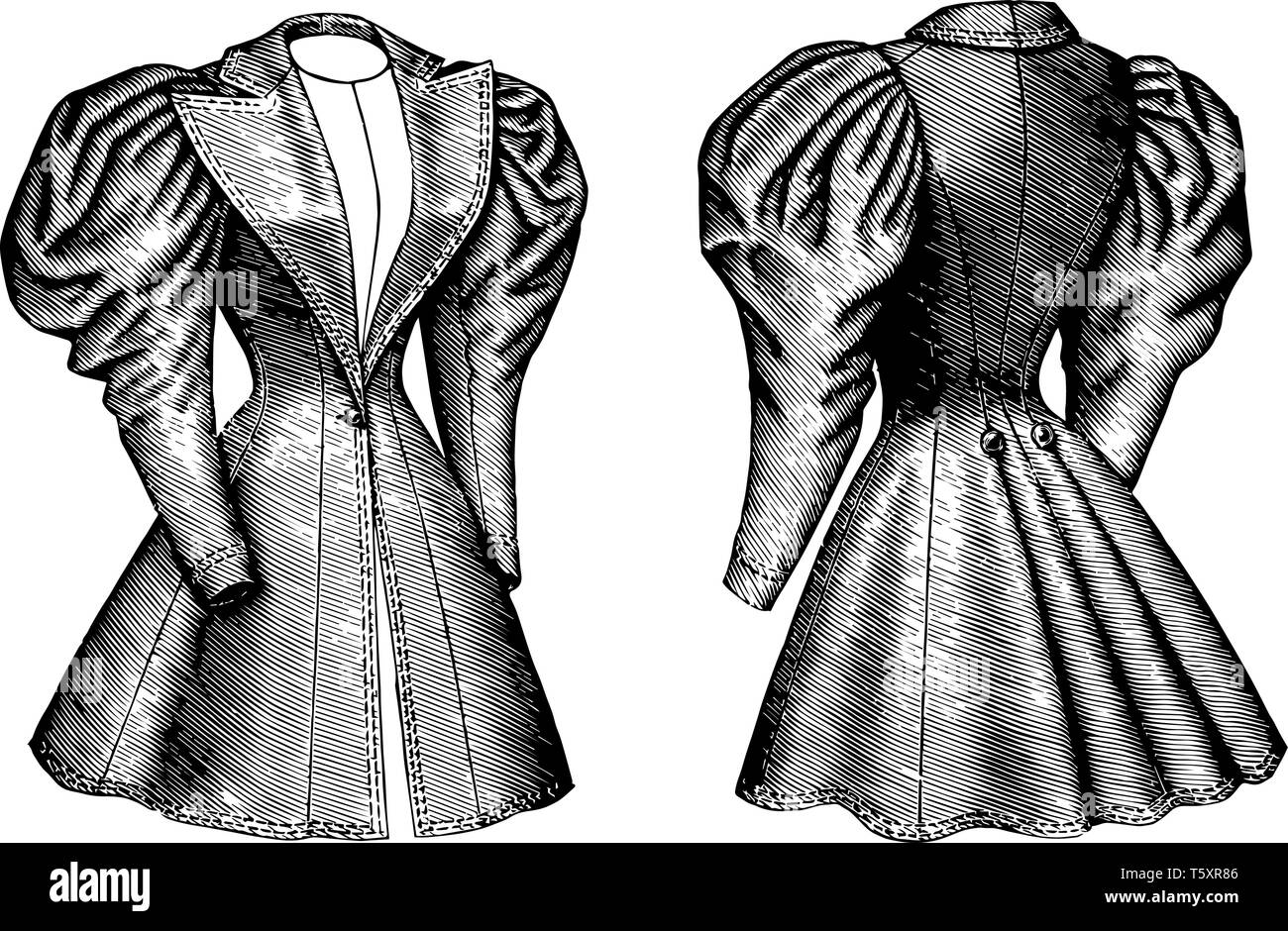 Lady's Coat design montré dans c'est vues avant et arrière, vintage dessin ou gravure illustration. Illustration de Vecteur