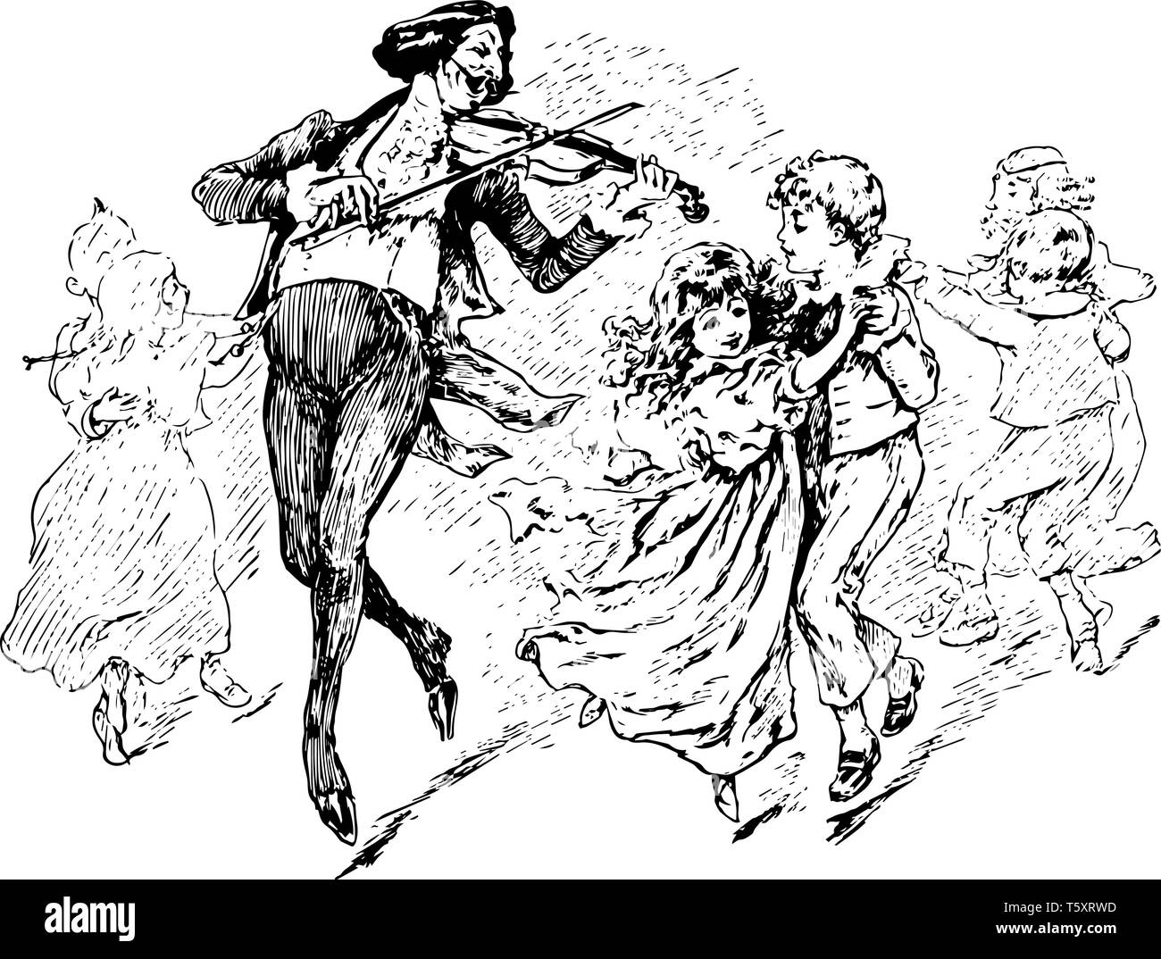 L'homme à jouer du violon avec enfants dansant pour une famille blanche et repliés sous son menton d'une main et nourrissantes de sentiment de l'amour, la ligne vintage drawi Illustration de Vecteur