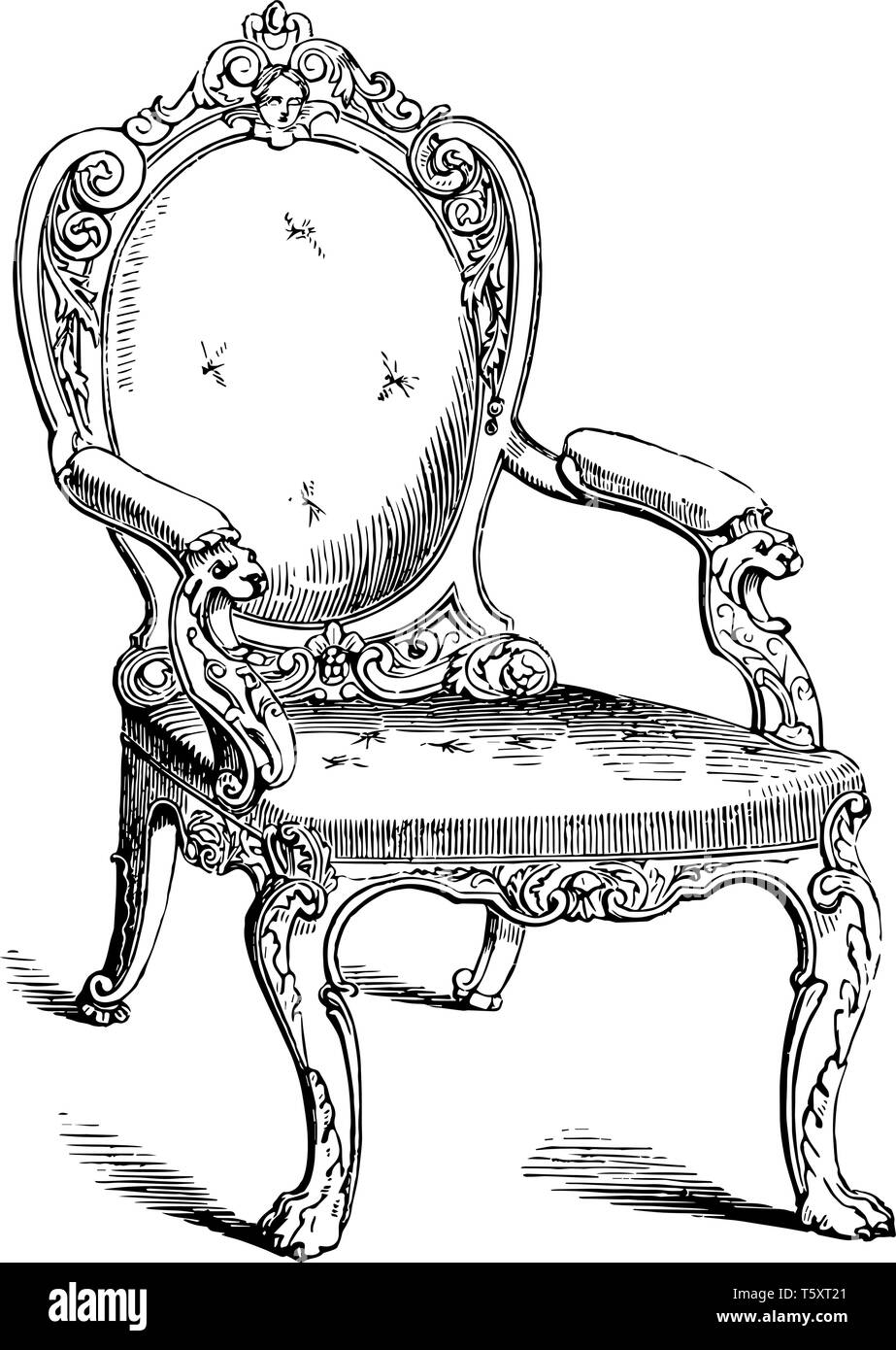 Chaise avec dossier rembourré ovale incurvé, jambes visage humain en haut de dossier rembourré, vintage dessin ou gravure illustration Illustration de Vecteur