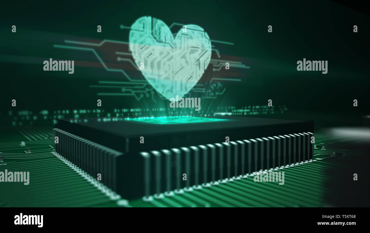 L'amour et la santé concept avec hologramme coeur plus de cpu de travail en arrière-plan. Circuit board 3d illustration. Romantique, cyber dating, rendez-vous et med Banque D'Images