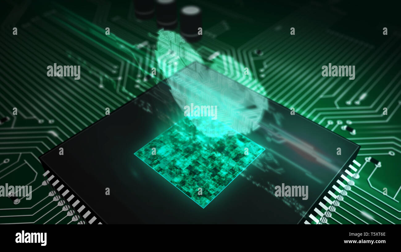 L'amour et la santé concept avec hologramme coeur plus de cpu de travail en arrière-plan. Circuit board 3d illustration. Romantique, cyber dating, rendez-vous et med Banque D'Images