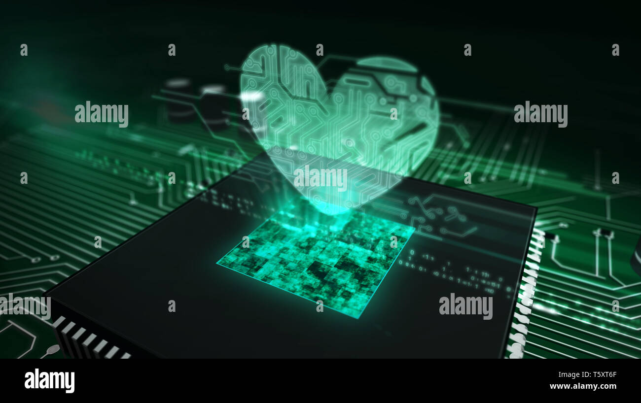 L'amour et la santé concept avec hologramme coeur plus de cpu de travail en arrière-plan. Circuit board 3d illustration. Romantique, cyber dating, rendez-vous et med Banque D'Images