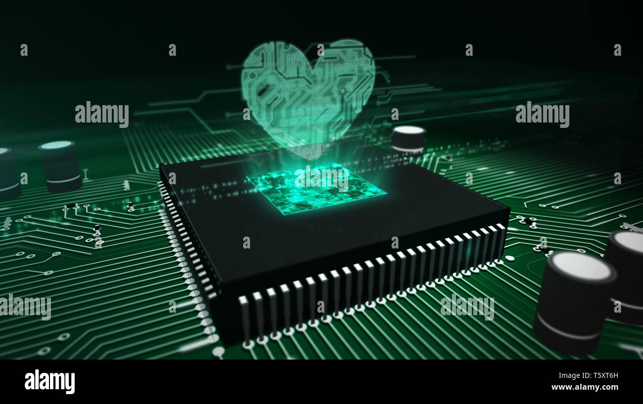 L'amour et la santé concept avec hologramme coeur plus de cpu de travail en arrière-plan. Circuit board 3d illustration. Romantique, cyber dating, rendez-vous et med Banque D'Images