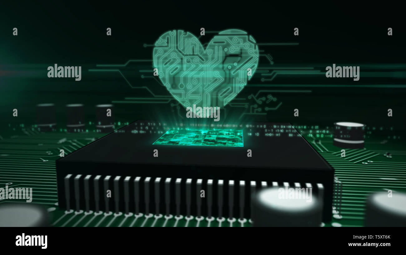 L'amour et la santé concept avec hologramme coeur plus de cpu de travail en arrière-plan. Circuit board 3d illustration. Romantique, cyber dating, rendez-vous et med Banque D'Images
