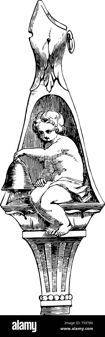 La sculpture représente un nourrisson une cloche qui sonne, vintage dessin ou gravure illustration. Illustration de Vecteur