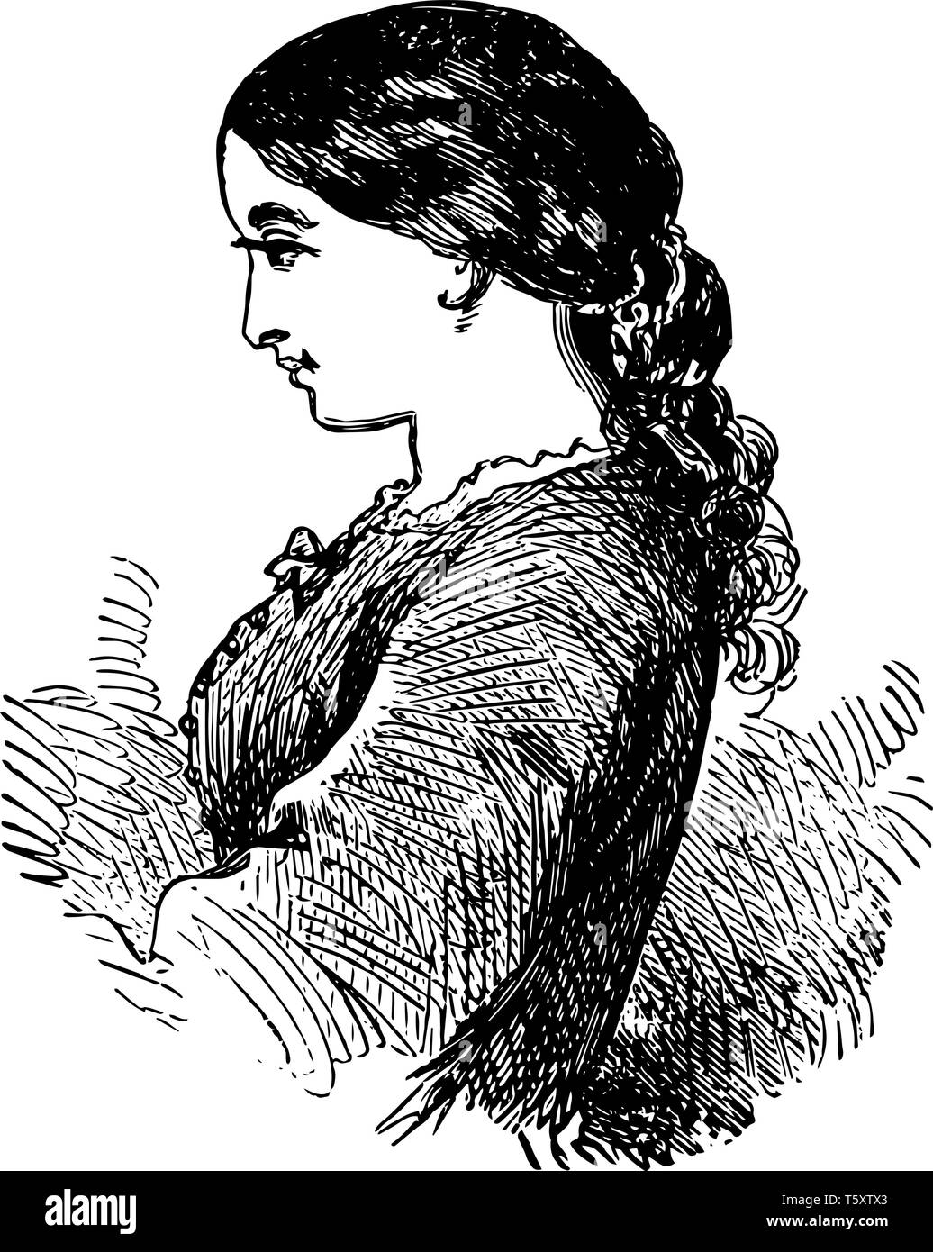 Un profil d'une femme face à cette photo, dessin de ligne vintage ou gravure illustration. Illustration de Vecteur