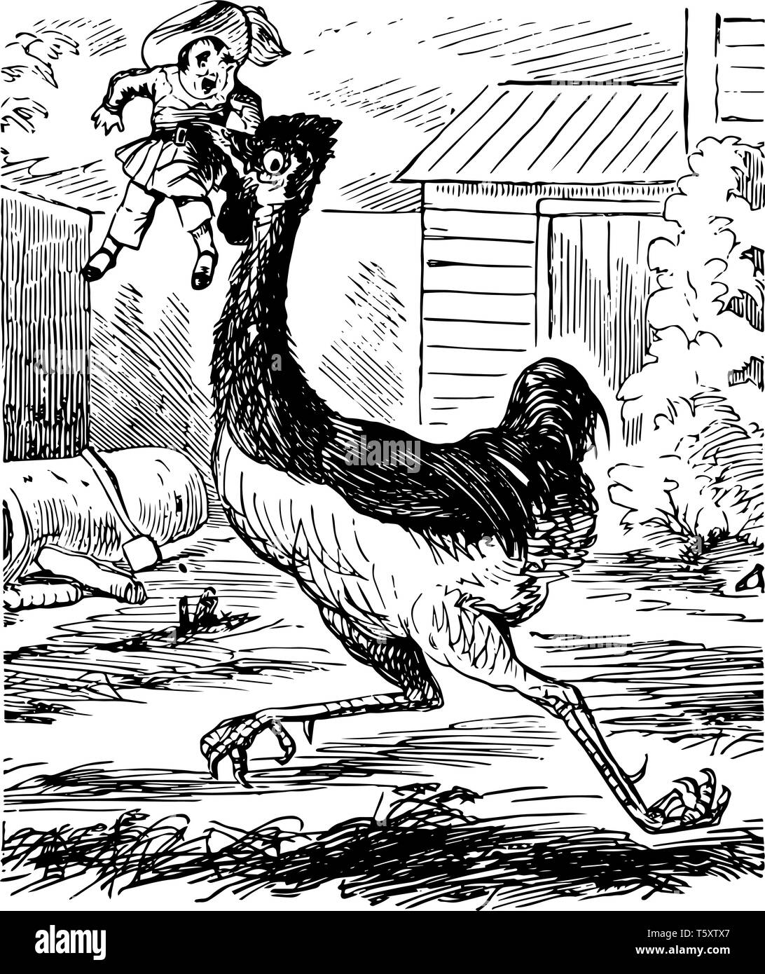 Cette image représente l'autruche avec poupée dans son bec, vintage dessin ou gravure illustration. Illustration de Vecteur