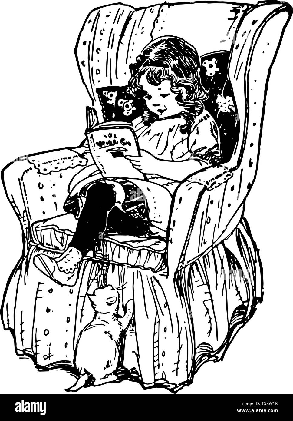 Girl Reading Book in Chair, enfant, femme, enfant, exécuter, étudier, vintage dessin ou gravure illustration. Illustration de Vecteur