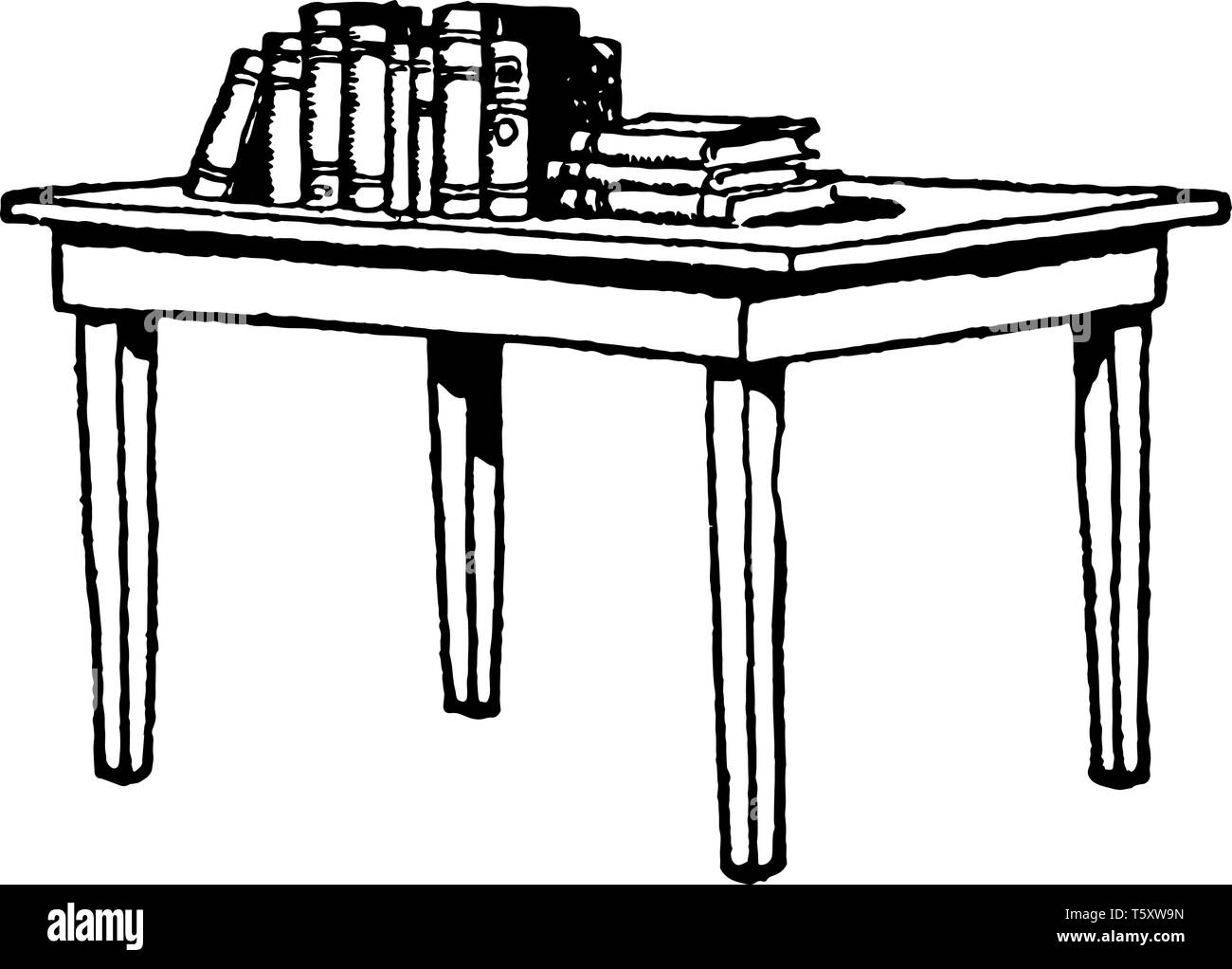 Table avec des livres, des meubles, la mesa, libros, table, vintage dessin ou gravure illustration. Illustration de Vecteur