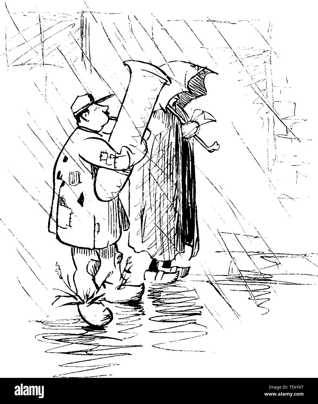 Deux ménestrels errants dans la pluie, l'un d'eux tenant un parapluie, vintage dessin ou gravure illustration Illustration de Vecteur