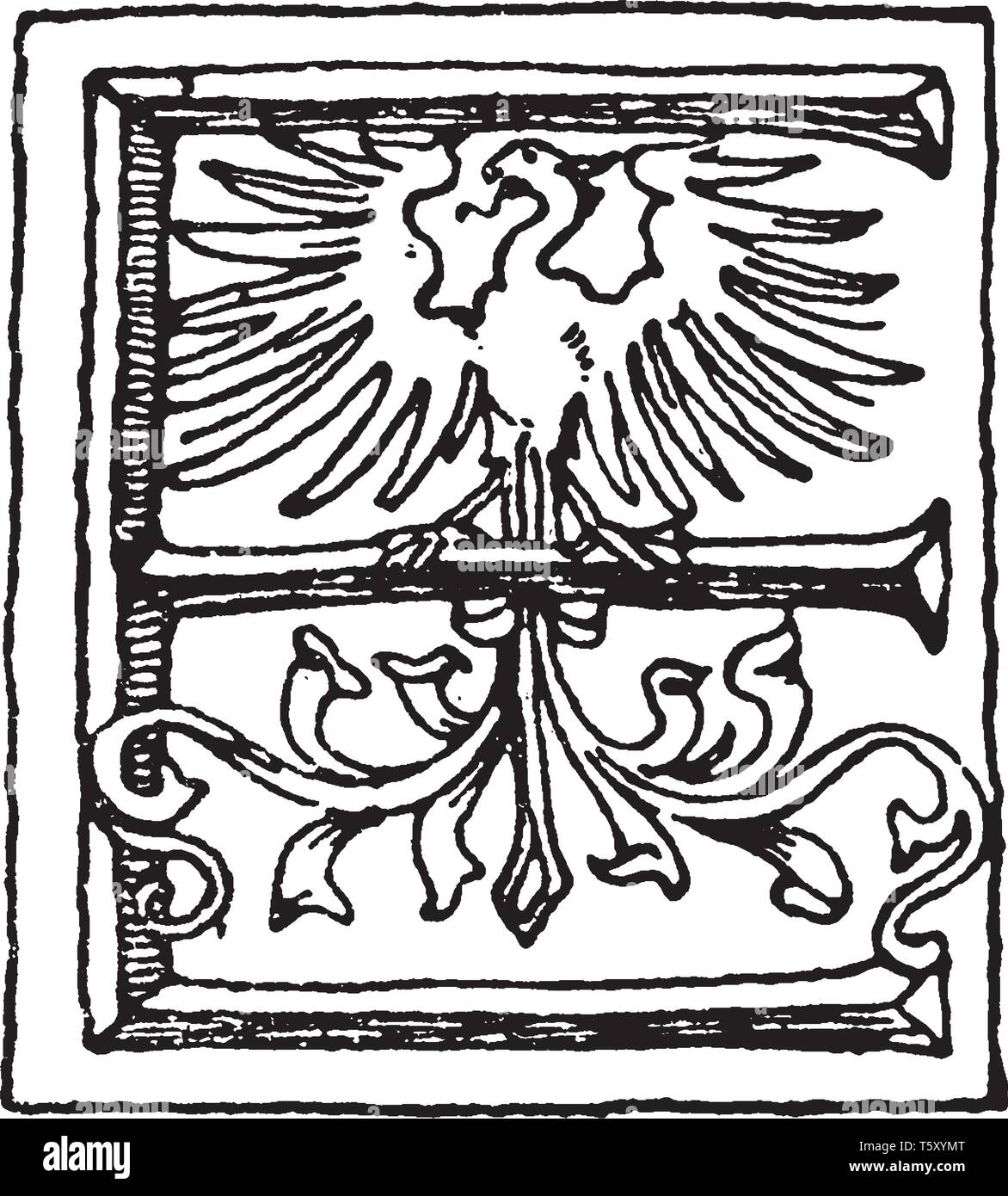 Une lettre majuscule E à Renaissance avec un aigle, vintage dessin ou gravure illustration Illustration de Vecteur