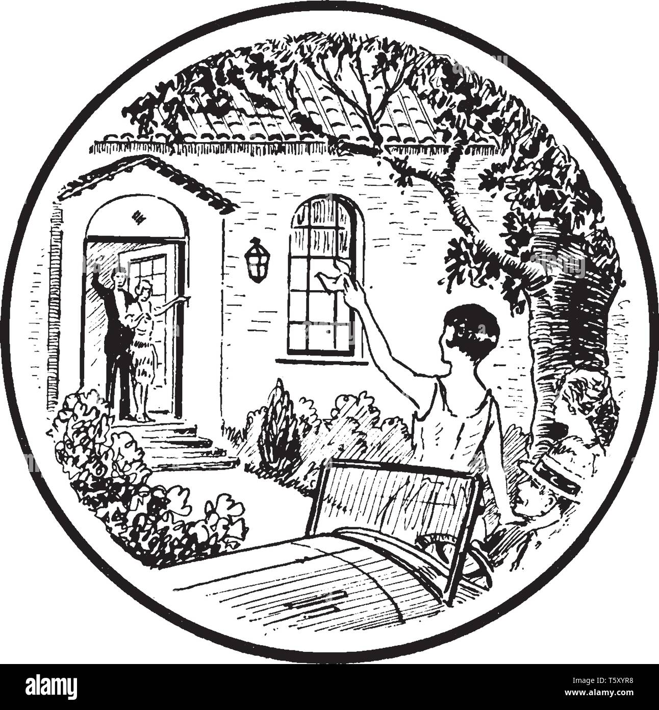 Couple en voiture signe un autre couple debout à la porte, vintage dessin ou gravure illustration Illustration de Vecteur