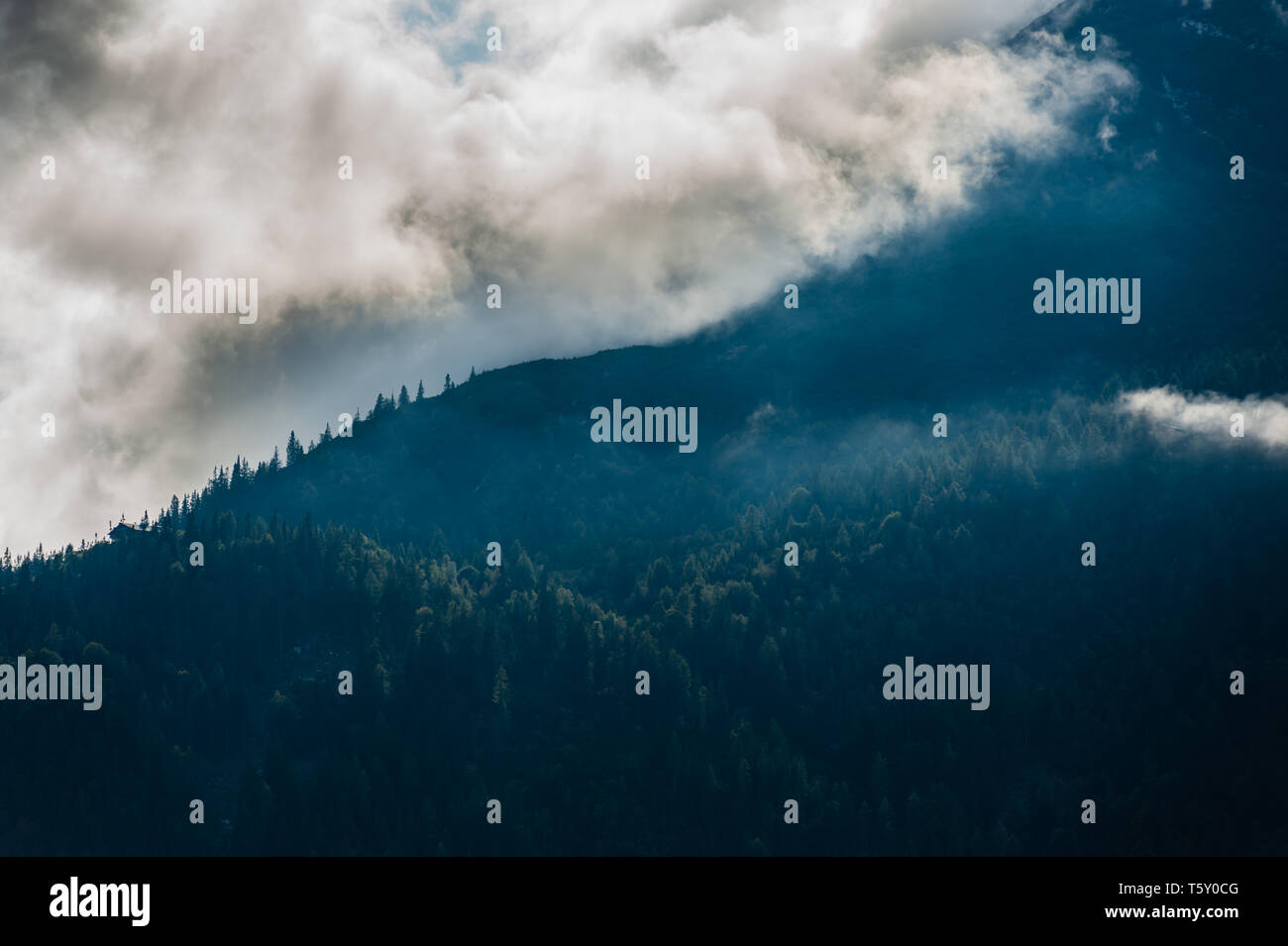 Belle scène de montagne en Autriche Wettersteingebirge capturés en mauvais temps pluvieux avec de façon spectaculaire et soulèvement mystique brouillard sur la forêt Banque D'Images