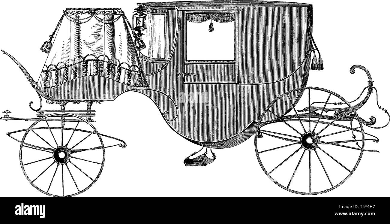 Le transport est un véhicule à roues, tiré par des chevaux ou de dessin Ligne vintage illustration gravure. Illustration de Vecteur