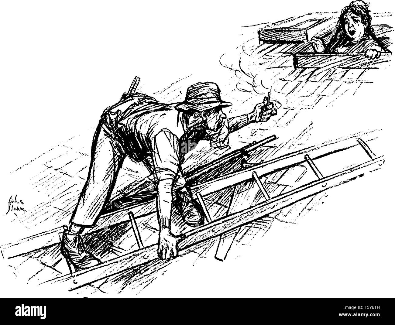 Un homme parle avec échelle à femme stick sa tête hors de la ligne de toit, vintage ou dessin gravure illustration Illustration de Vecteur