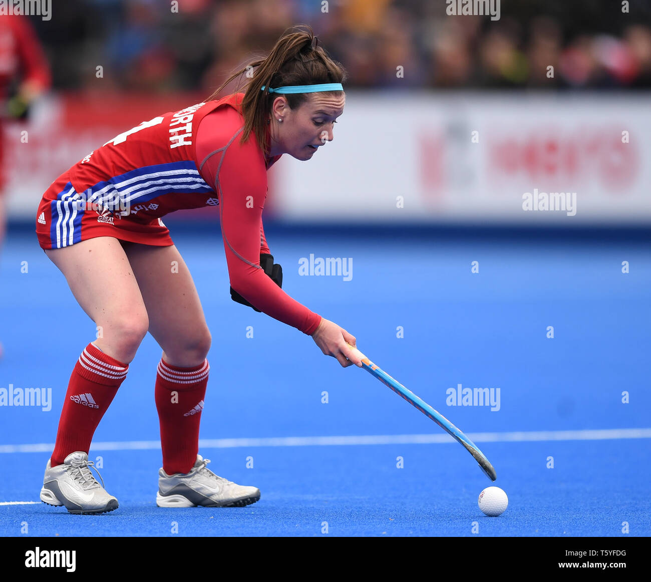 Londres, Royaume-Uni. 27 avr 2019. Lee Valley Hockey and Tennis Centre, Londres, Angleterre ; Mesdames FIH Pro Hockey Ligue, Grande-Bretagne et États-Unis ; Laura Unsworth de Grande-bretagne Crédit : Action Plus de Sports/Alamy Live News Banque D'Images