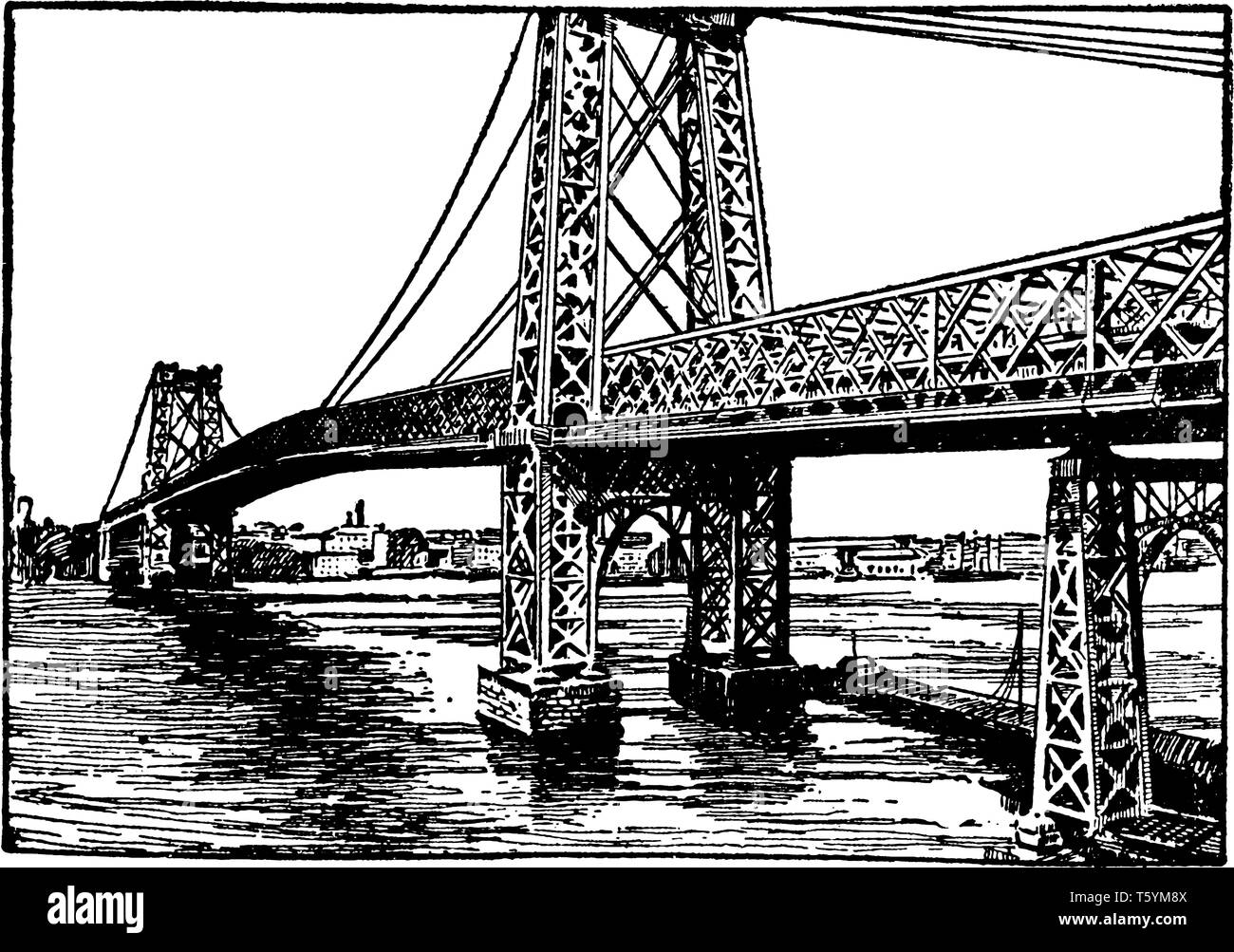 Williamsburg Bridge est un pont suspendu de la ville de New York dans l'East River reliant le Lower East Side de Manhattan, vintage ou dessin de ligne Illustration de Vecteur