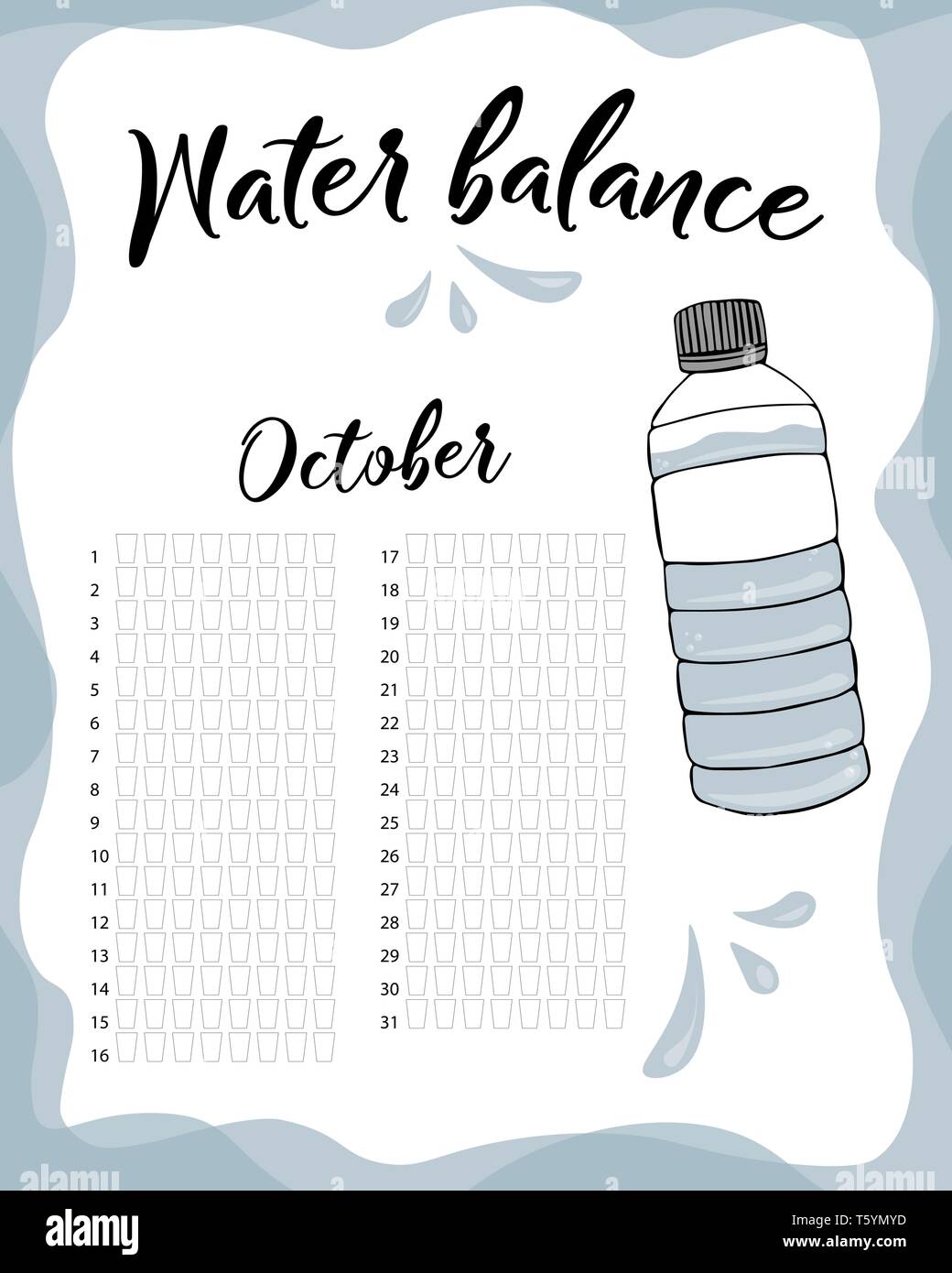 La consommation d'eau par semaine et mois d'octobre. L'équilibre de l'eau Calendrier des vecteurs. Suivi mensuel de l'eau. Illustration de Vecteur