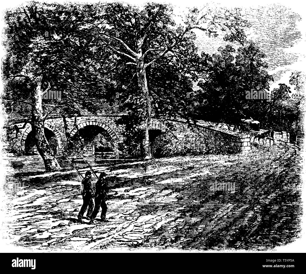 Burnside Bridge est un monument sur le champ de bataille National d'Antietam Guerre civile près de Sharpsburg le nord-ouest de Beijing, vintage dessin ou gravure Illustration de Vecteur