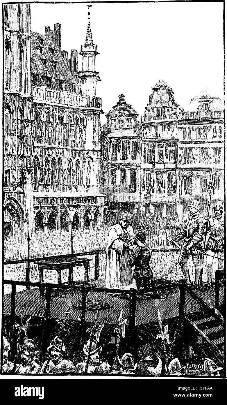 Un homme assis sur les genoux en face du roi sur scène, les gens debout autour de stade, vintage dessin ou gravure illustration Illustration de Vecteur