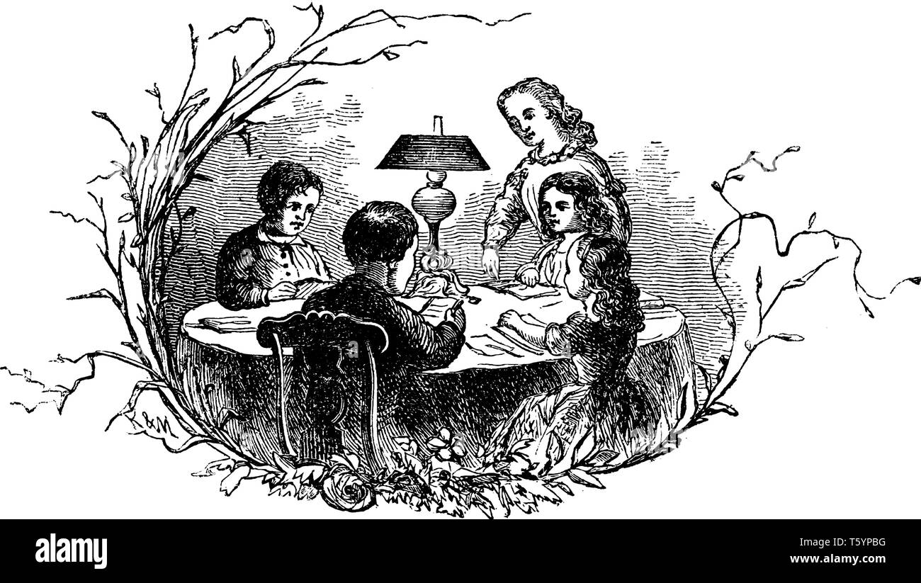 Une famille assis autour de la table, le dessin des lignes vintage ou gravure illustration Illustration de Vecteur