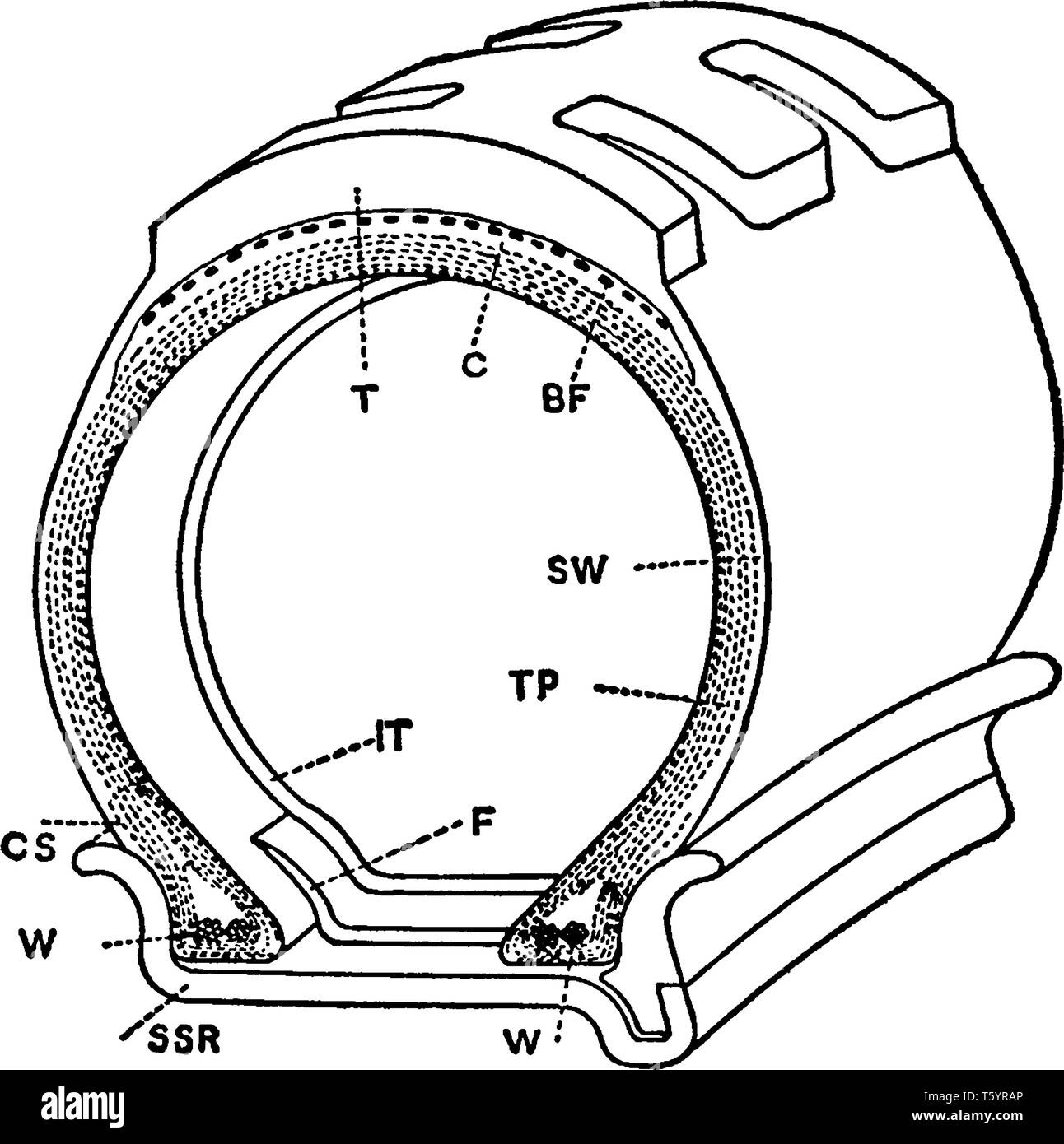 Vue en coupe de la partie rectiligne du pneu jante où morceau de métal décroche la partie en caoutchouc du pneu avec le liner à l'intérieur de maintenir en l'air, vintage li Illustration de Vecteur