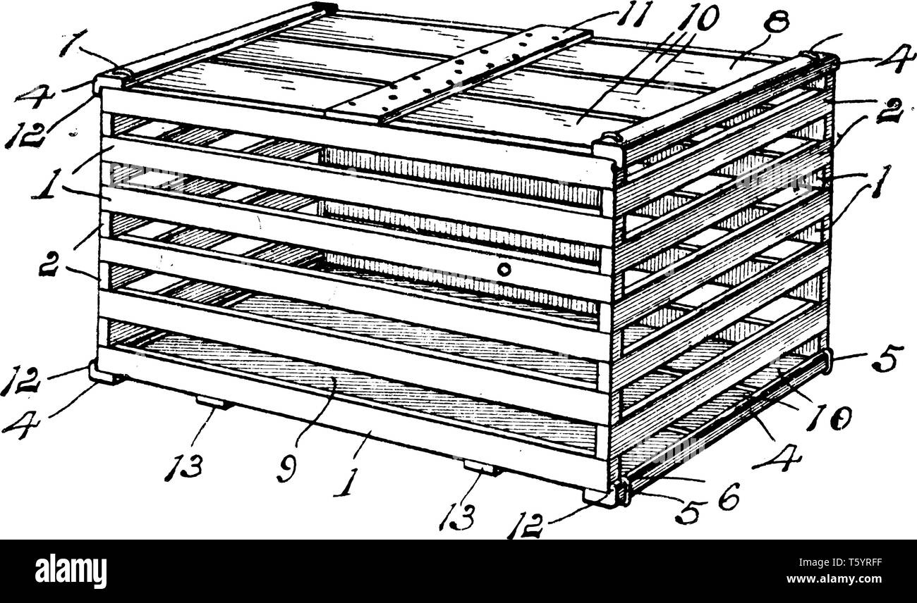 Des caisses en bois comme une caisse en bois à lattes utilisées pour le stockage ou l'expédition, vintage dessin ou gravure illustration. Illustration de Vecteur