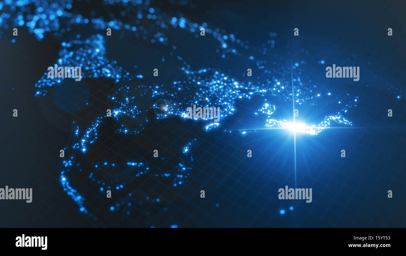 Puissance du faisceau d'énergie sur le Japon, Tokyo. dark plan avec allumé en villes et des zones de densité. 3d illustration Banque D'Images