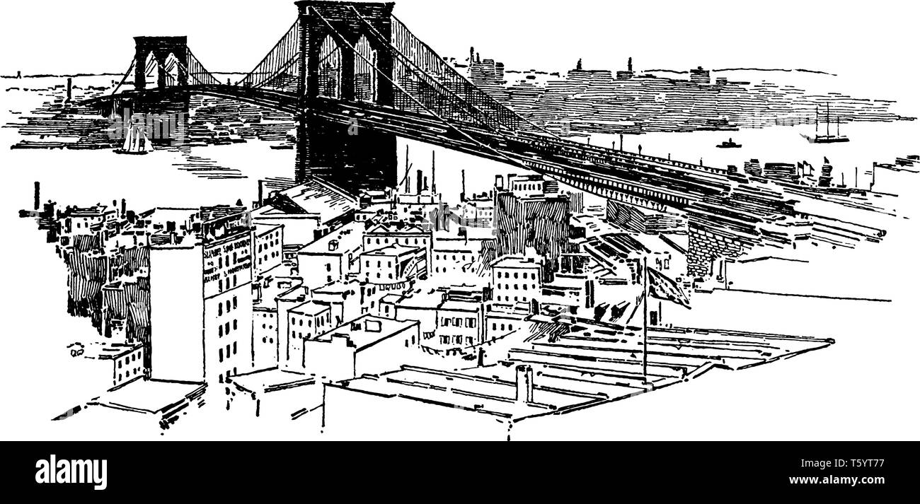 Le Brooklyn Bridge est un pont suspendu à haubans hybride à New York City et est l'un des plus anciens ponts de la route aux États-Unis, vintage Illustration de Vecteur