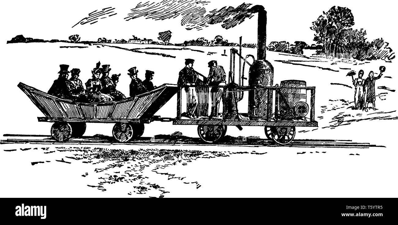 Peter Cooper Train fabriqué la première locomotive de chemin de fer à vapeur fabriqué en Amérique qui s'appelait Tom Thumb, vintage ou dessin de ligne engrav Illustration de Vecteur