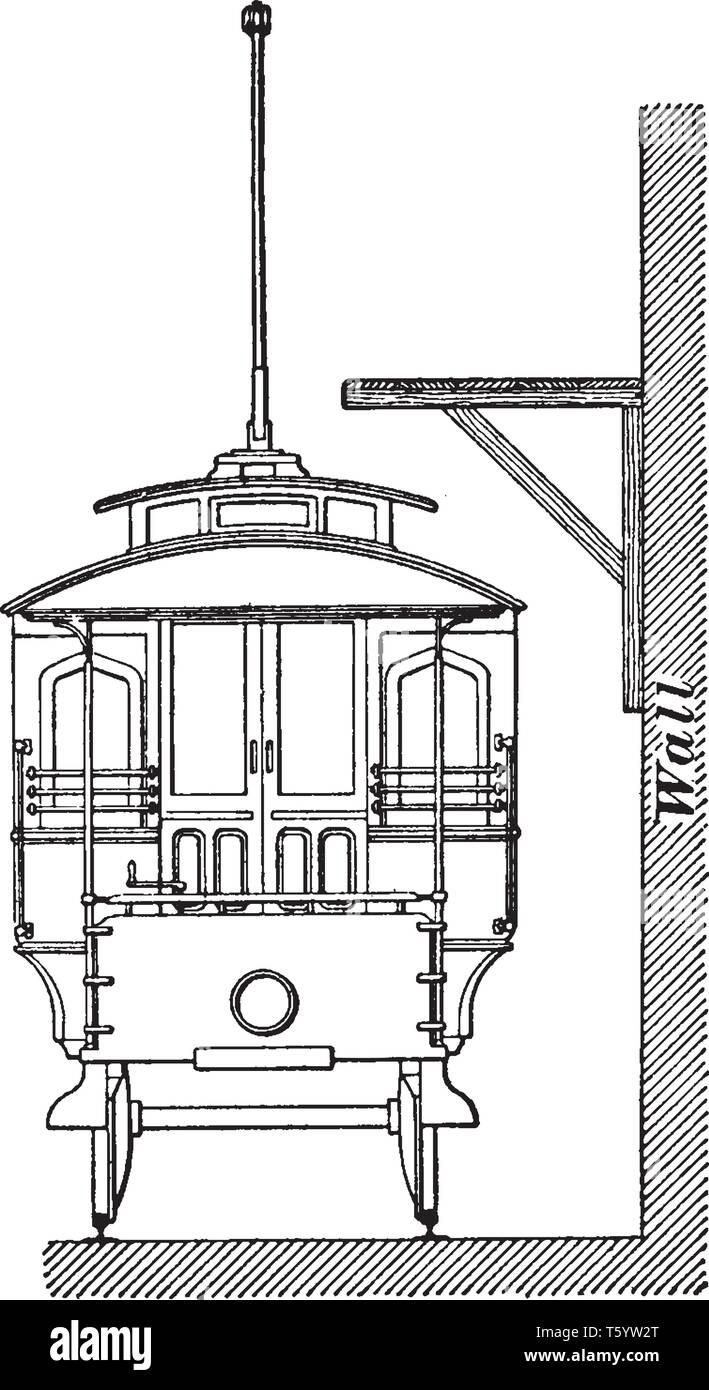 Chariot plate-forme qui est utilisé pour huiler les roues d'un tramway, vintage dessin ou gravure illustration. Illustration de Vecteur