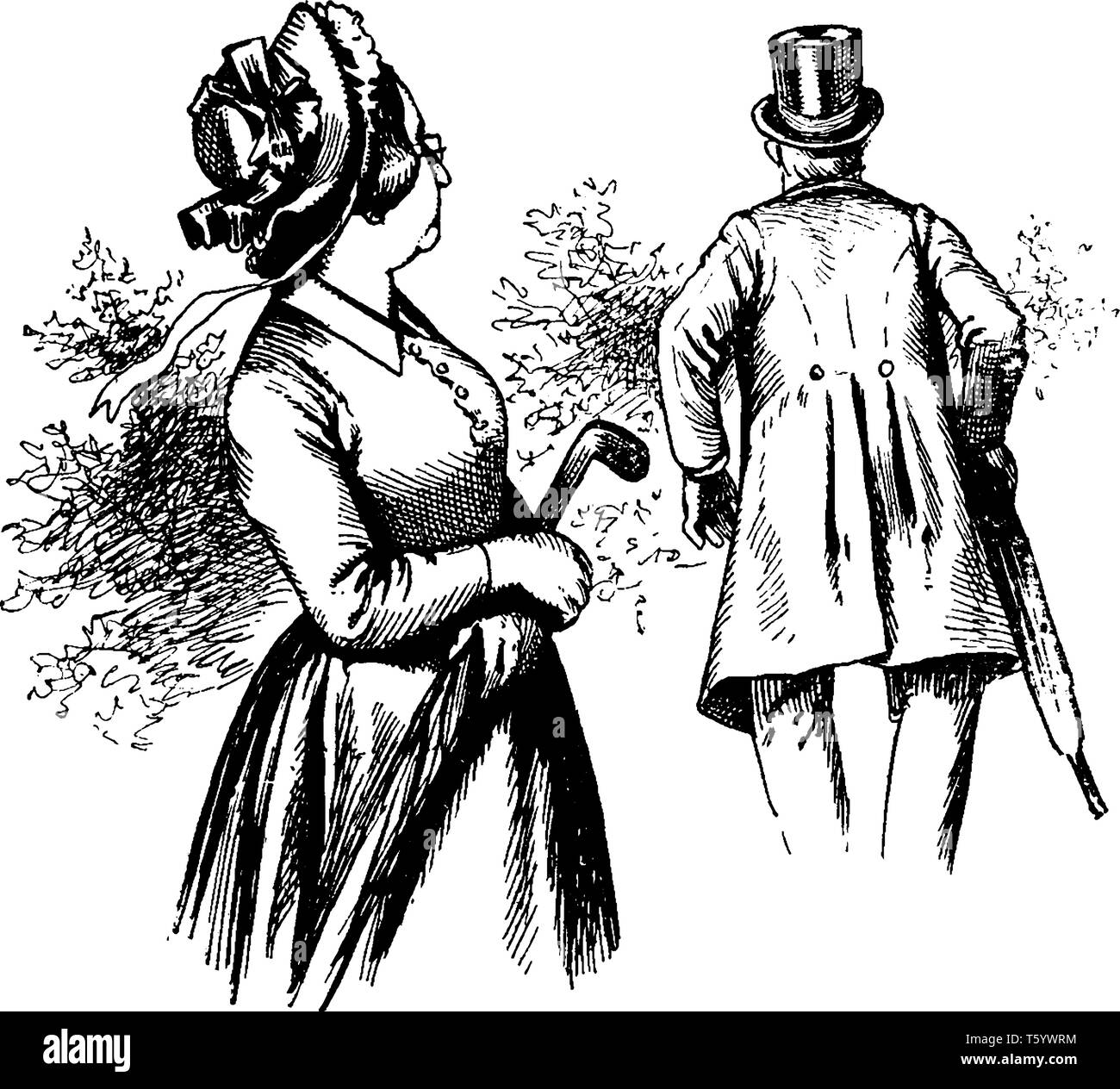 Une femme avec parapluie regarder man walking away from her, vintage dessin ou gravure illustration Illustration de Vecteur