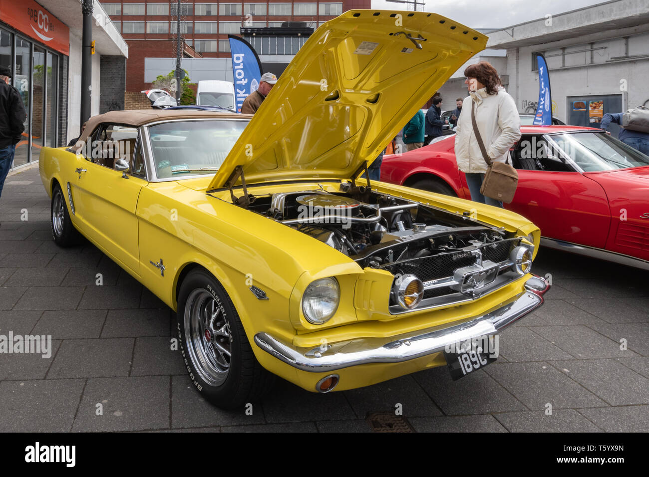 1965 Ford Mustang jaune 4700cc voiture dans un classic motor vehicle show au Royaume-Uni. American automobile avec capot ou capot ouvert montrant le moteur. Banque D'Images