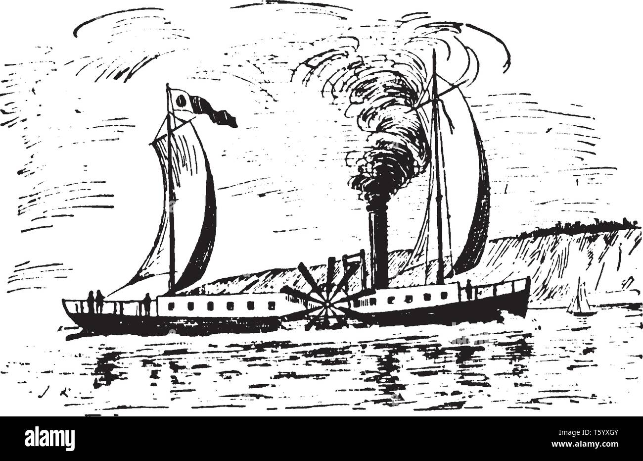 Clermont où Robert Fulton à vapeur sur la rivière Hudson en 1807, vintage dessin ou gravure illustration. Illustration de Vecteur