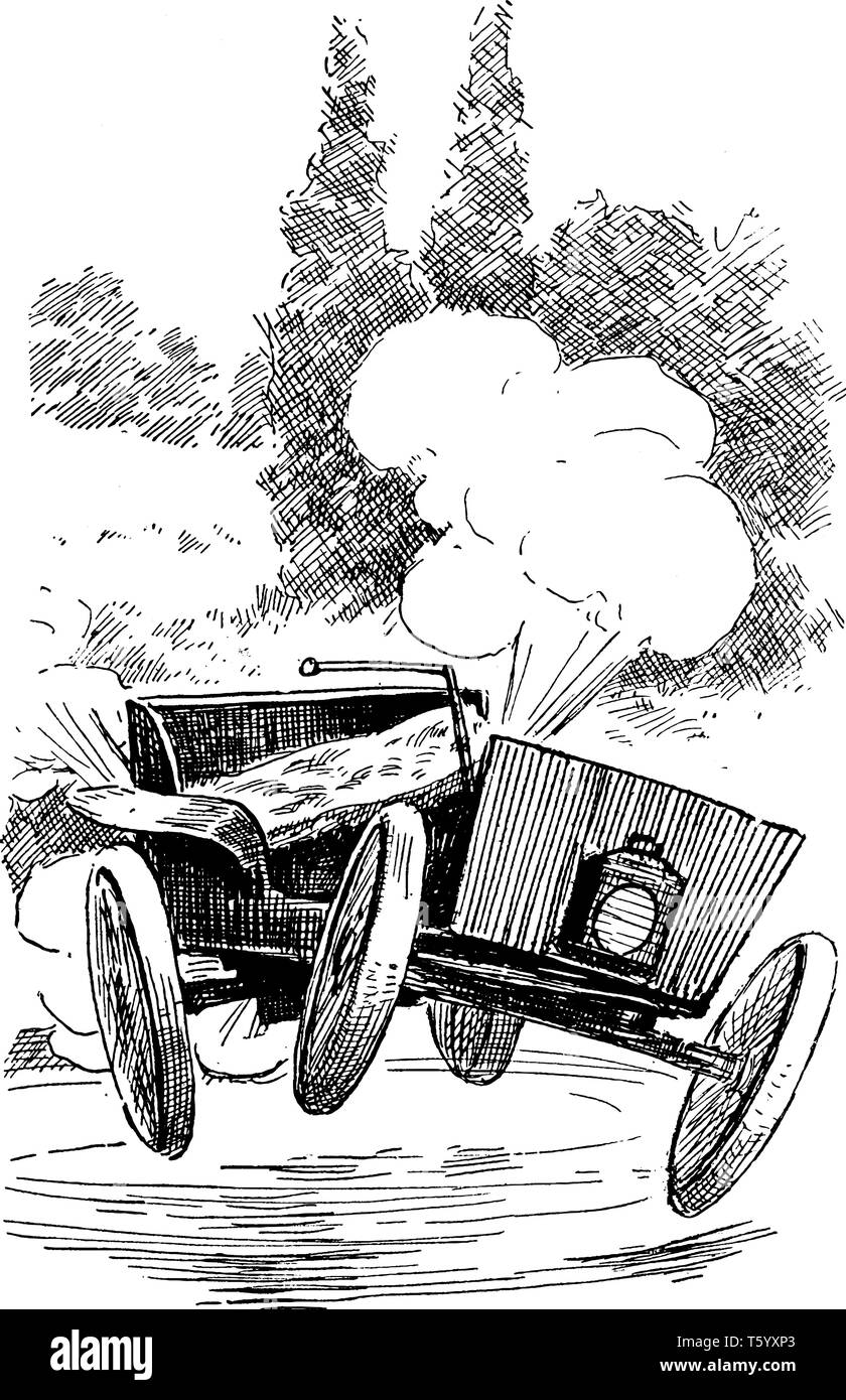 Location de fumeurs où l'épaisse fumée qui sort du tuyau d'échappement, c'est peut-être un signe que votre moteur a besoin d'une certaine attention, vintage dessin ou gravure Illustration de Vecteur