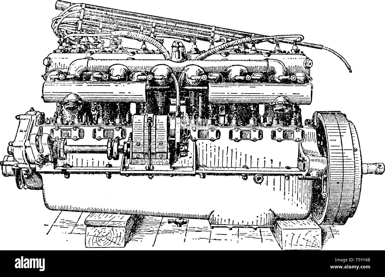 Vue de côté de la soupape de moteur Rolls Royce six cylindres utilisés pour enflammer le carburant dans le moteur à une tension élevée à l'aide d'une bougie d'écart, vintage line drawin Illustration de Vecteur