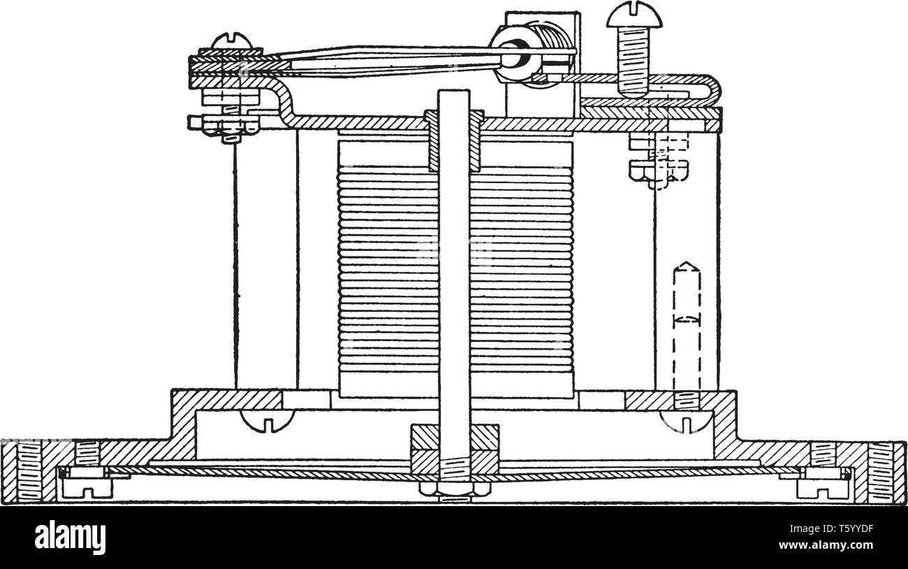 Klaxon électrique entraîné par une membrane en acier circulaire qui a un électroaimant agissant sur lui, vintage dessin ou gravure illustration. Illustration de Vecteur
