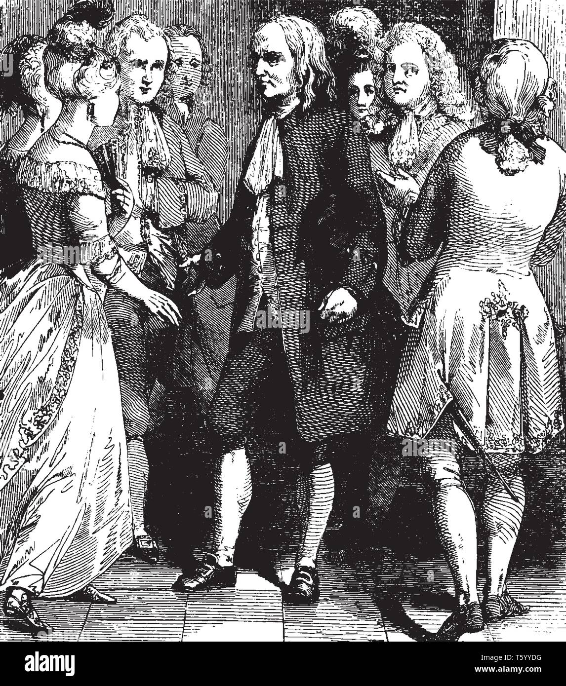 Benjamin Franklin, un des pères fondateurs des États-Unis visiter la cour de France,vintage dessin ou gravure illustration. Illustration de Vecteur