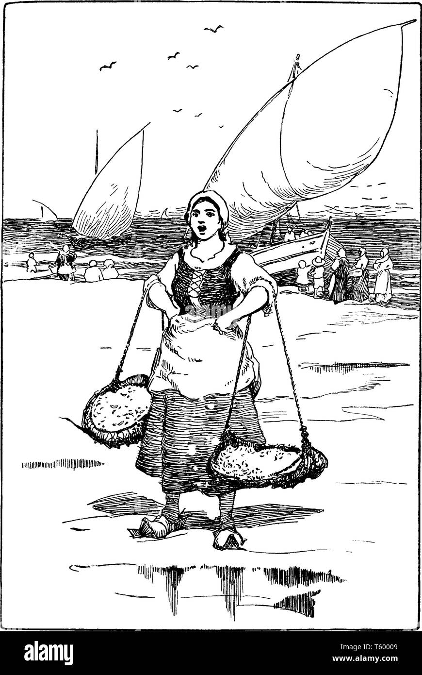 Une femme vit attraper des sardines, vintage dessin ou gravure illustration Illustration de Vecteur