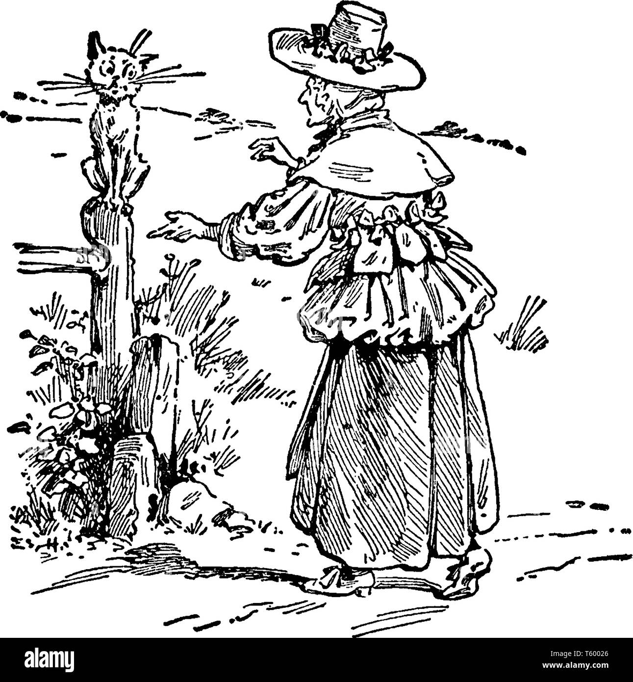 Une vieille femme atteindre pour chat sur barrière, vintage dessin ou gravure illustration Illustration de Vecteur