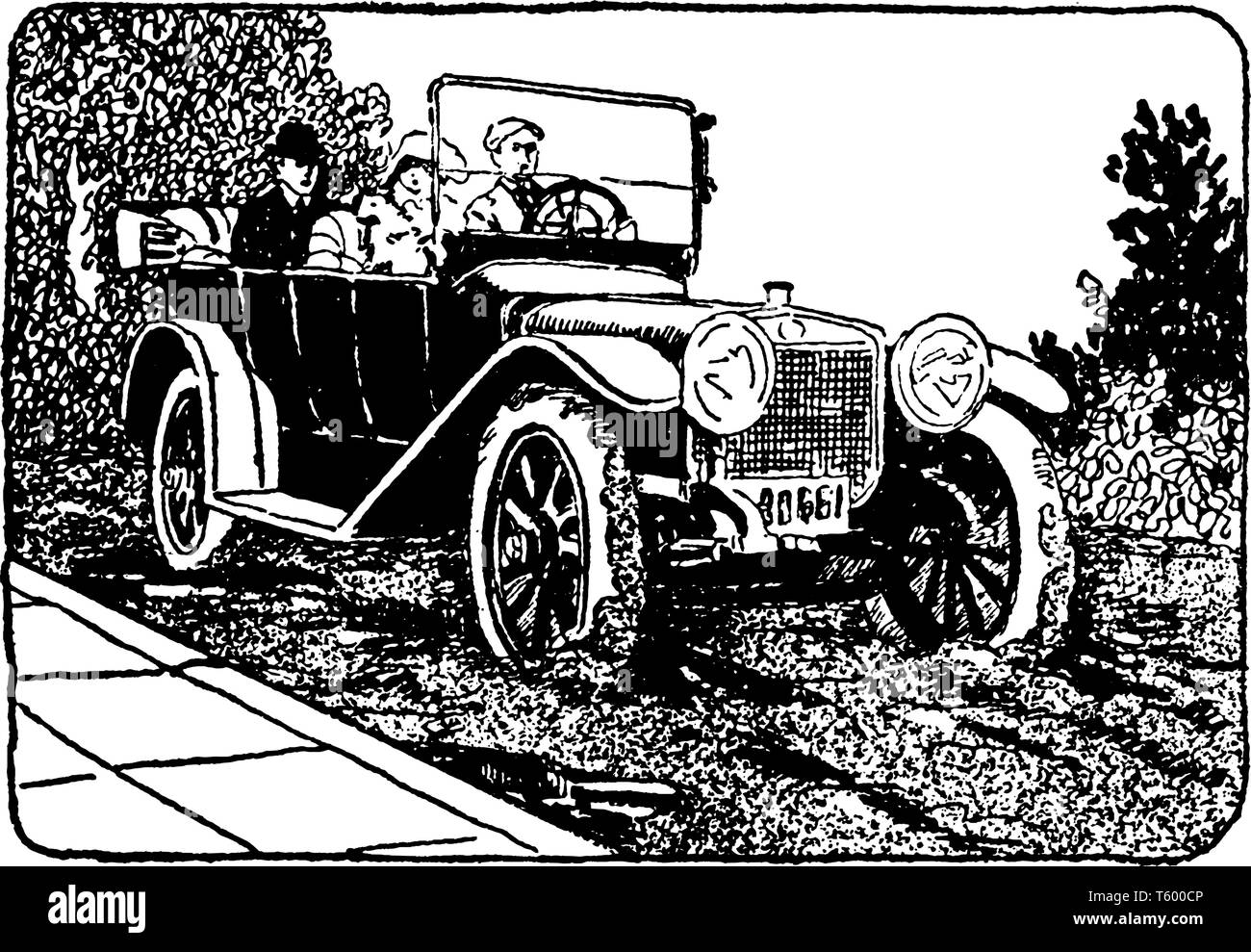 Cette illustration représente voiture sur la rue boueuse, vintage dessin ou gravure illustration. Illustration de Vecteur