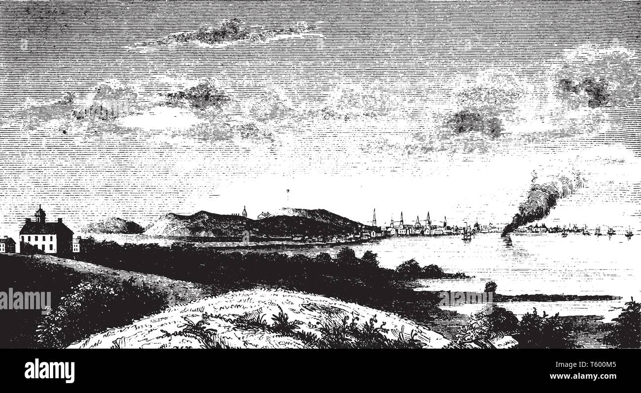 Vue sur Boston vintage,dessin ou gravure illustration Illustration de Vecteur